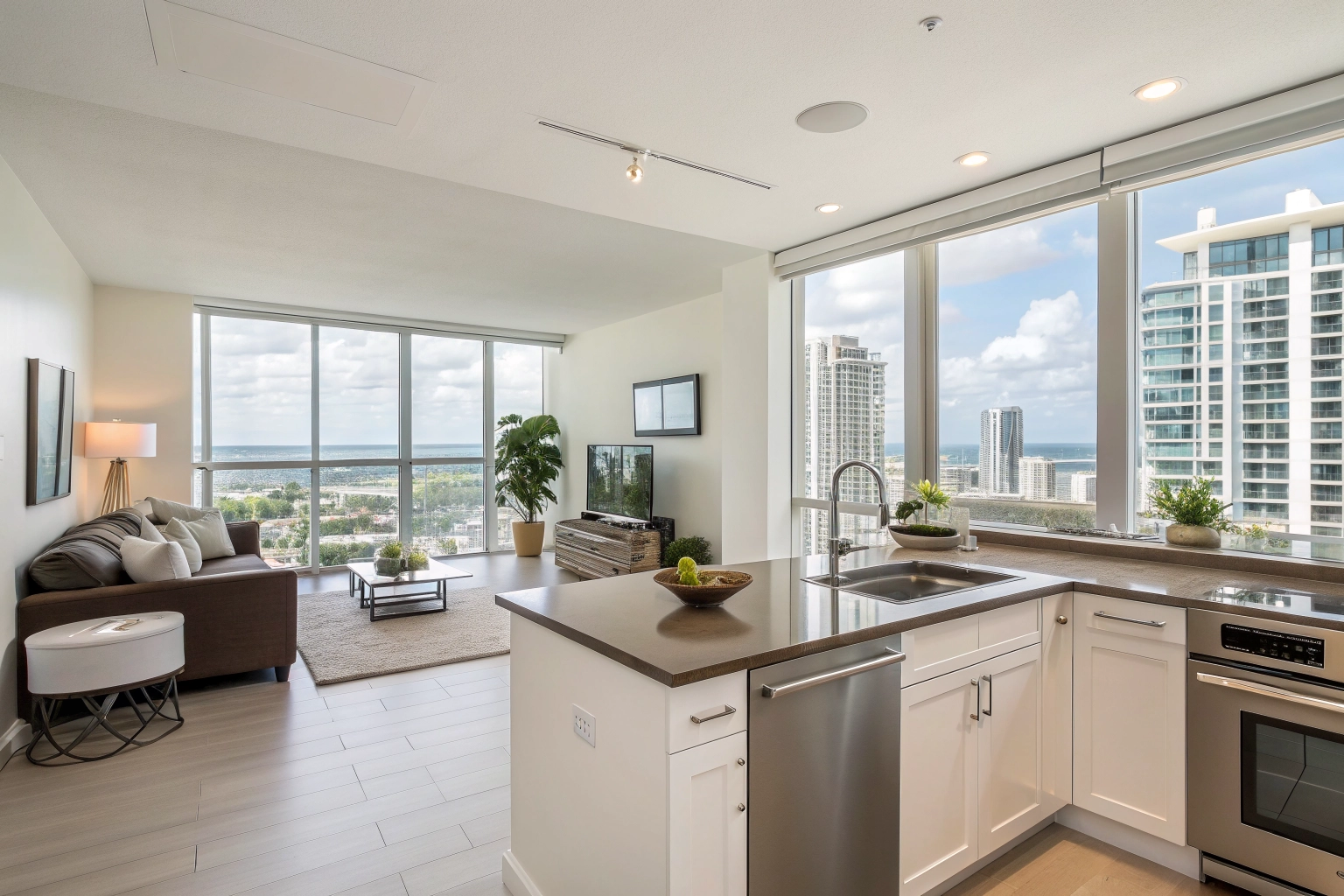 Bright apartment kitchen and living area