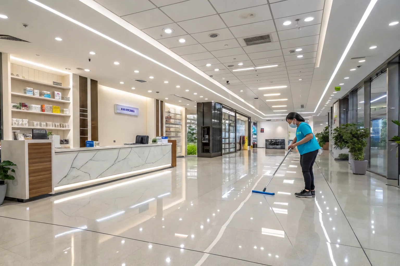 Maid Absolutely Clean team member mopping a commercial lobby