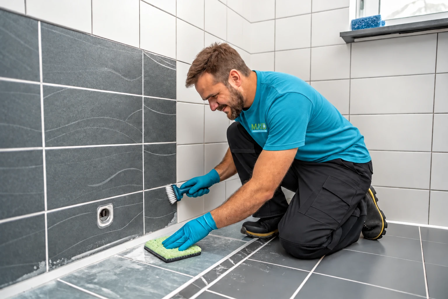 Maid Absolutely Clean team member scrubbing tile grout with a detail brush