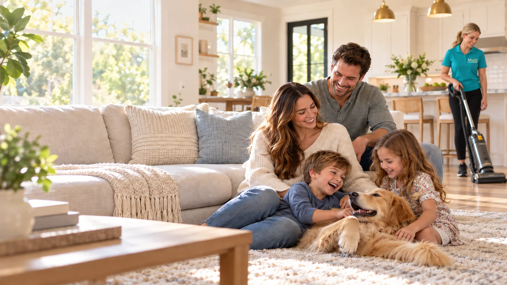 Family enjoying time together while a Maid Absolutely Clean team member vacuums their home