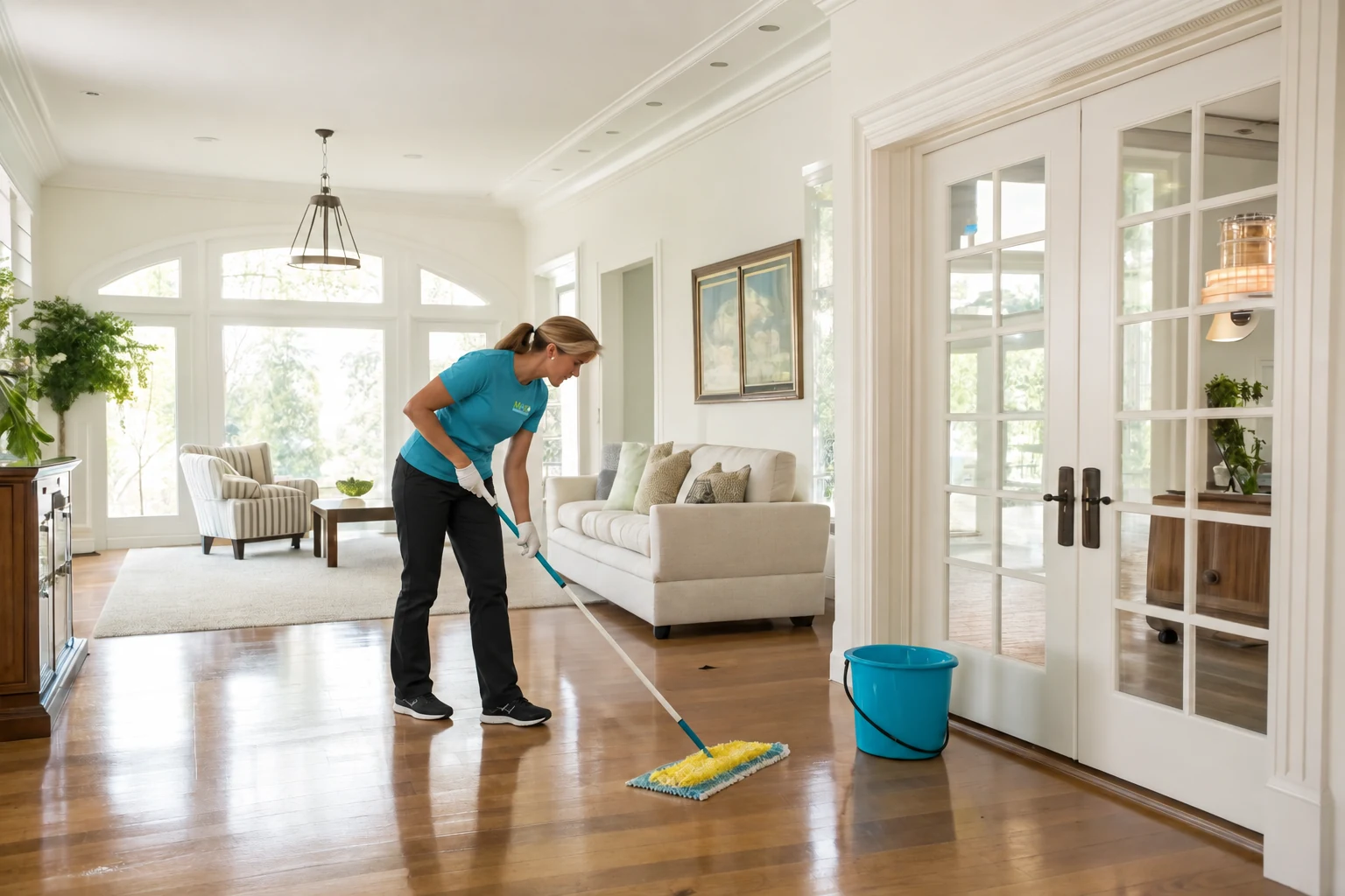 Maid Absolutely Clean team member mopping a bright living room