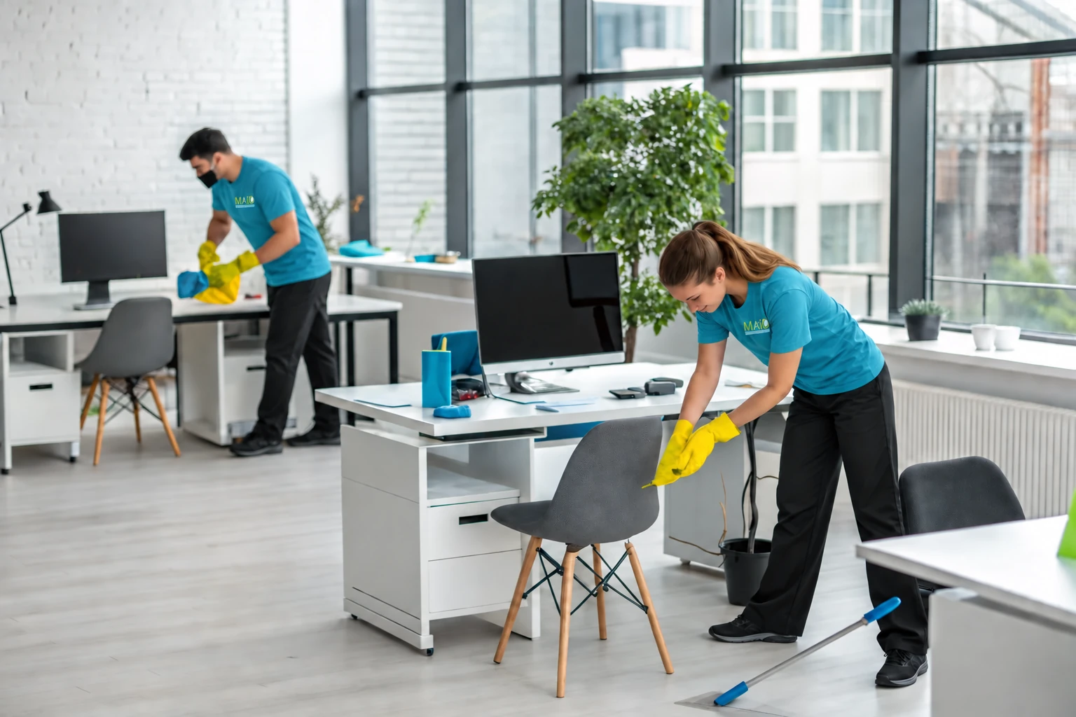 Maid Absolutely Clean team cleaning desks in a modern office